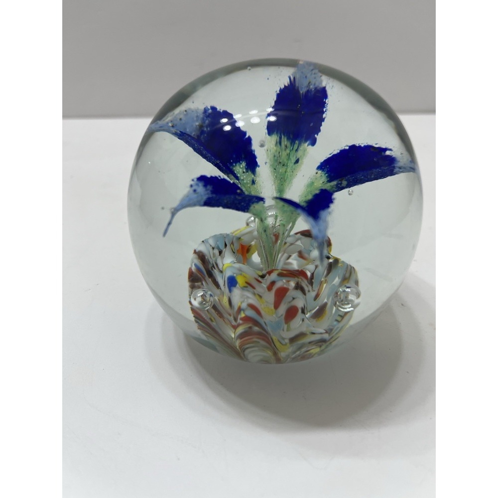 Vintage Wheaton Art Glass Paperweight Star City Blue Floral 3+" 2 lbs